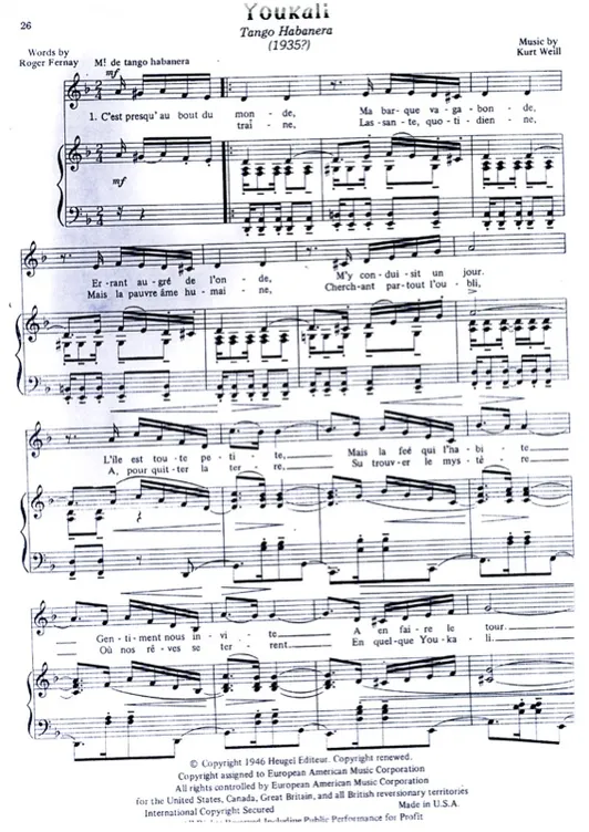 First page of the Heugel 1946 piano-vocal edition of Youkali — voice with French text, piano grand staff with bass clef accompaniment
