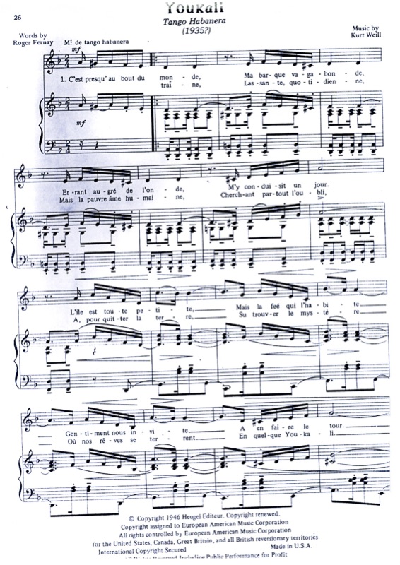 First page of the Heugel 1946 piano-vocal edition of Youkali — voice with French text, piano grand staff with bass clef accompaniment