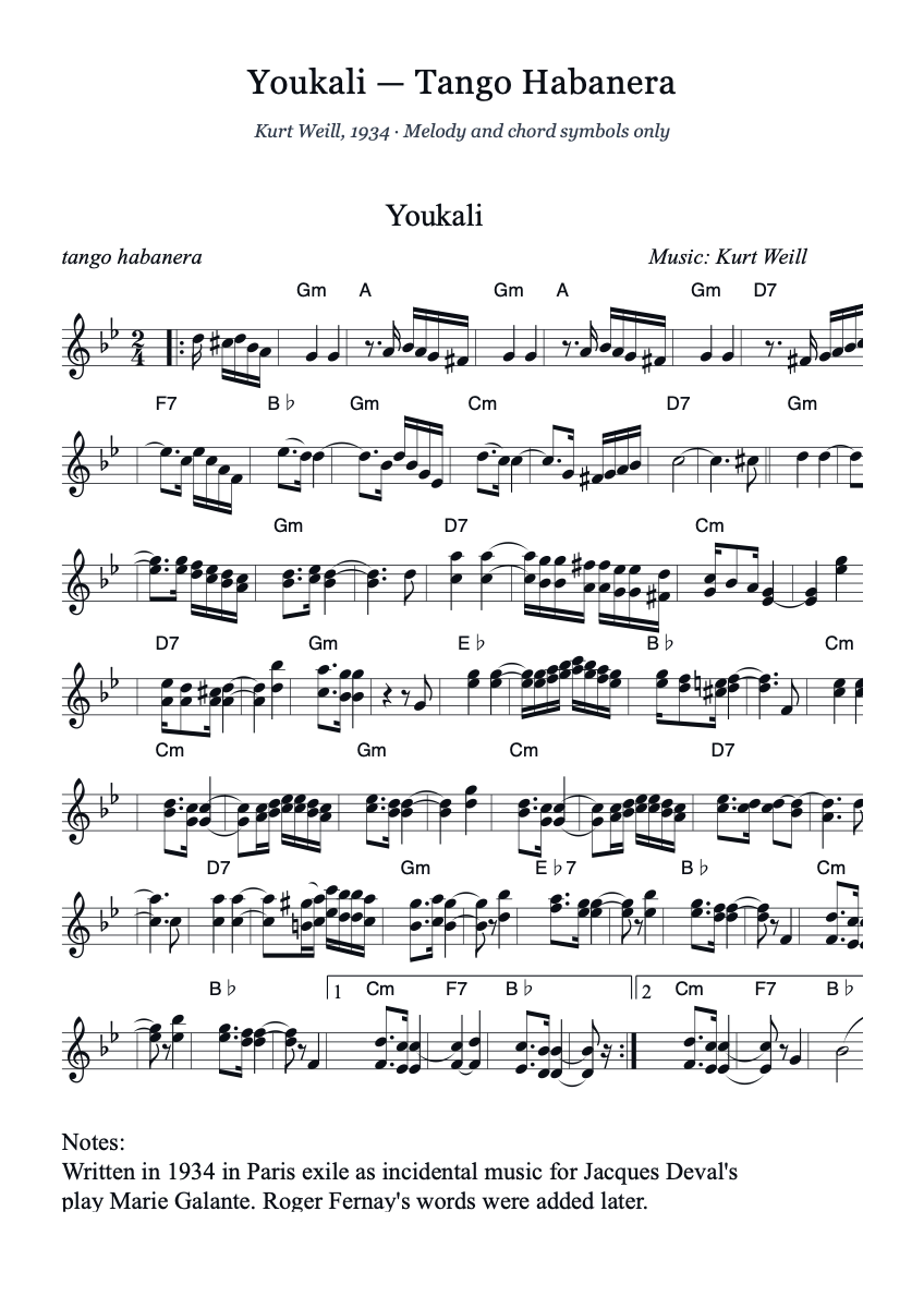 Preview of the Youkali lead sheet — melody and chord symbols, no lyrics